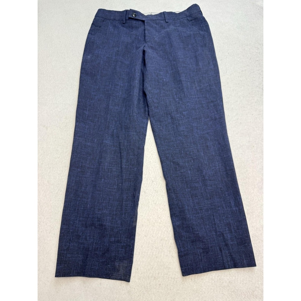 Ted Baker Dress Pants Mens 32x27 Blue Wool Linen Check Tweed Stretch Regular Fit